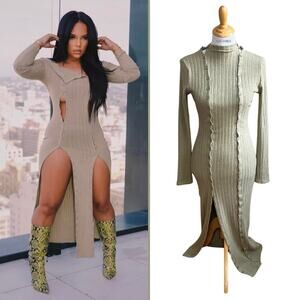 Nichole Lynel Olive Green Cable Knit Adjustable Buttons Sweater Midi Dress XL